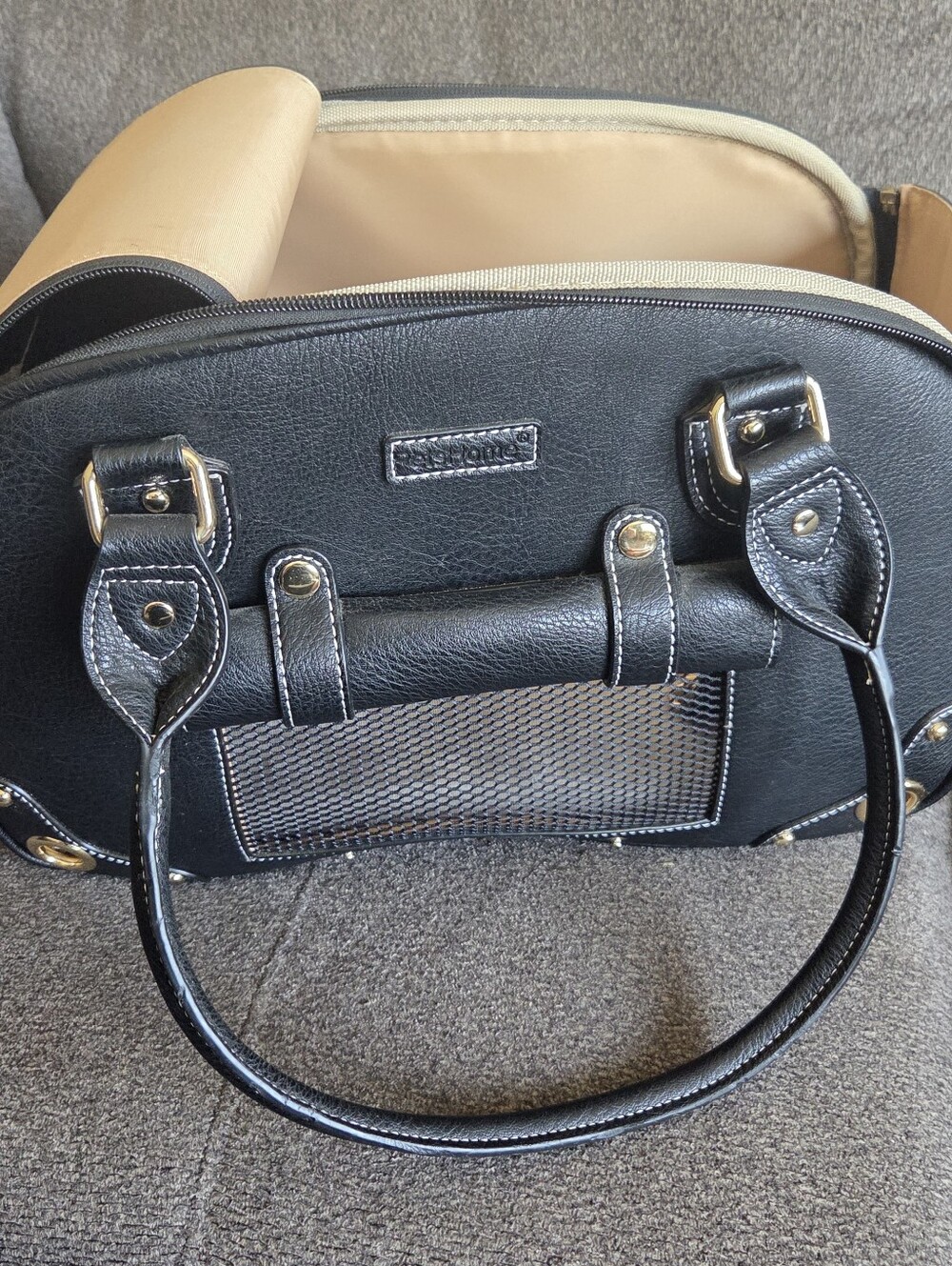 Black Small Pet Carrier Tote with Beige Interior